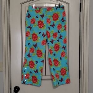 Central Falls cropped pant butterfly & flower print trousers blue size medium